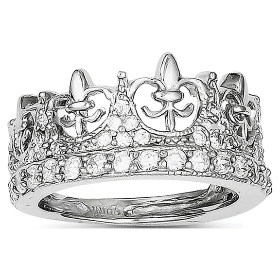 Sterling Silver Rhodium-plated Fleur-de-lis Crown CZ Ring QR2099