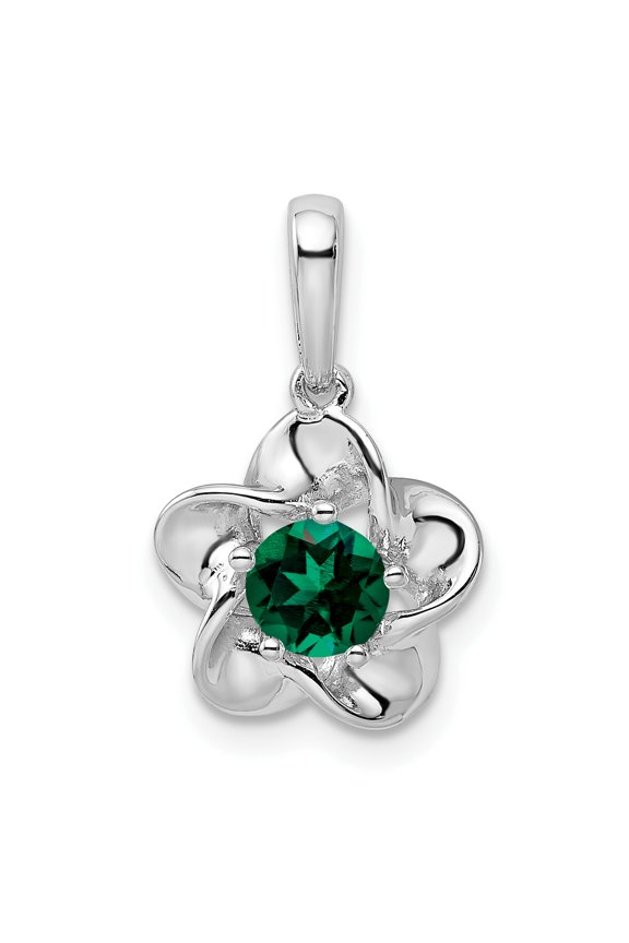 Sterling Silver Rhodium-plated Floral Created Emerald Pendant QBPD31MAY