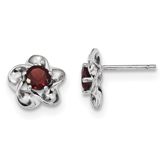 Sterling Silver Rhodium-plated Floral Garnet Post Earrings