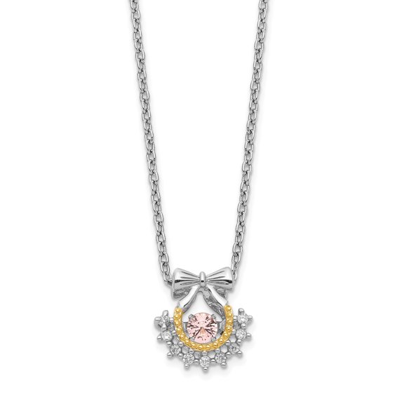 Sterling Silver Rhodium-plated & Gold-tone Bow Vibrant Pink CZ with 2in. Extender Necklace