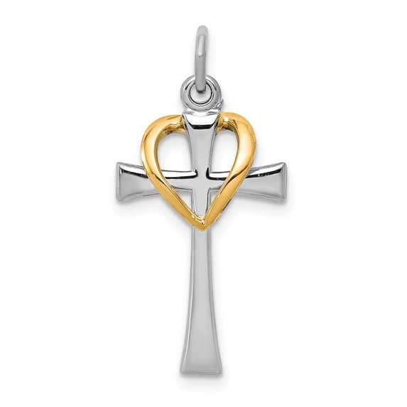 Sterling Silver Platinum-plated & Gold-tone Polished Cross w/Heart Pendant QC8254