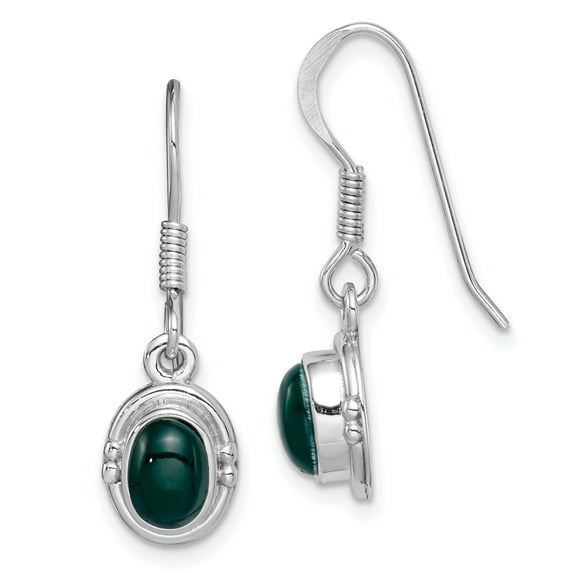 Sterling Silver Rhodium-plated Green Agate Oval Dangle Earrings