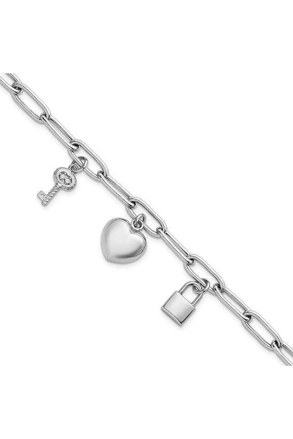 Sterling Silver Rhodium-plated Heart Lock and Key with CZ 7.5 inch Paperclip Chain Toggle Bracelet