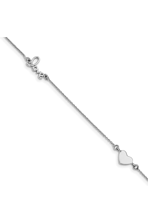 Sterling Silver Rhodium-plated Heart & Love w/1in ext. Anklet (Weight: 1.89 Grams, Length: 9 Inches)