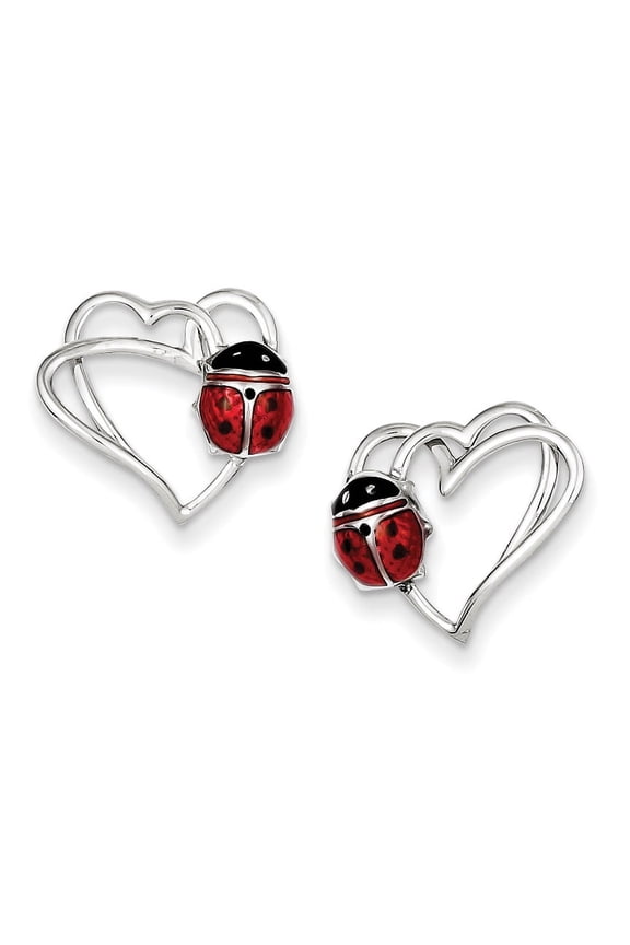 Sterling Silver Rhodium-plated Heart with Enameled Ladybug Post Earrings
