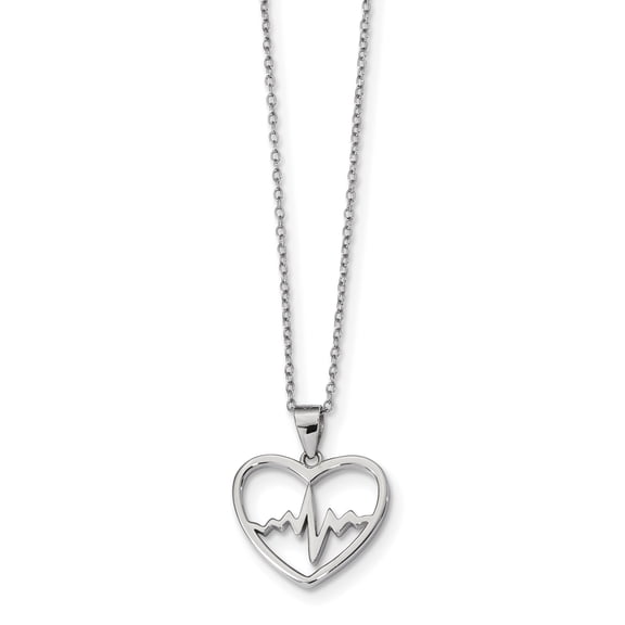 Sterling Silver Rhodium-plated Heartbeat in Heart 16" Necklace with 2" Extension