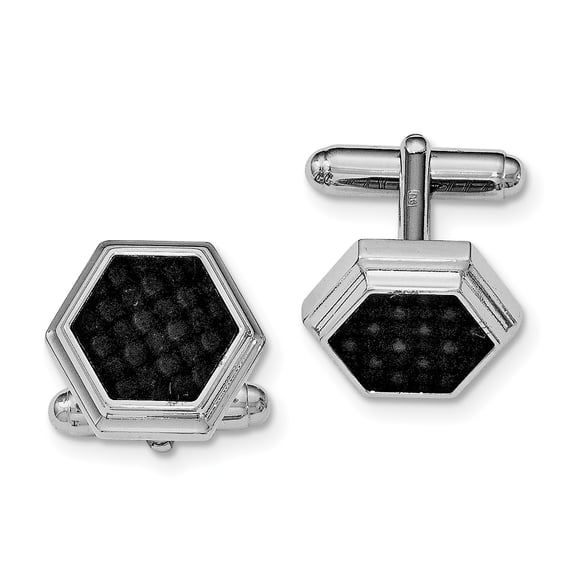 Sterling Silver Rhodium-plated Hexagon Black Carbon Fiber Cufflinks QQ571