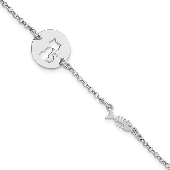 Finest Gold Sterling Silver Rhodium-Plated Kitty & Fish with 0.5 in. Extension Bracelet