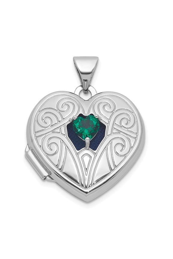 Sterling Silver Rhodium-plated Lab Created Emerald May Birthstone 18mm Heart Locket