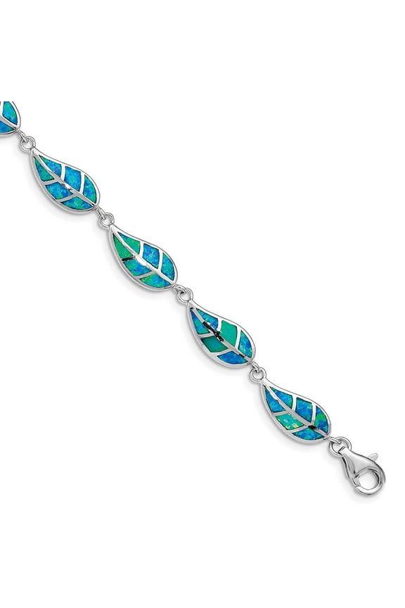 Sterling Silver Rhodium-plated Lab Created Opal Inlay Leaf Bracelet QG4823