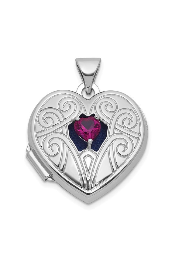 Sterling Silver Rhodium-plated Lab Created Ruby July Birthstone 18mm Heart Locket