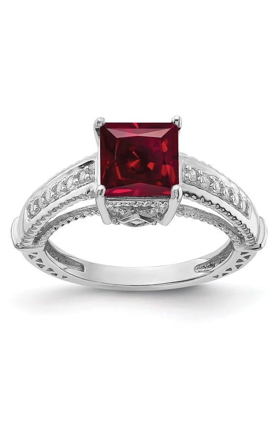 Sterling Silver Rhodium-plated Lab Created Ruby and CZ Ring