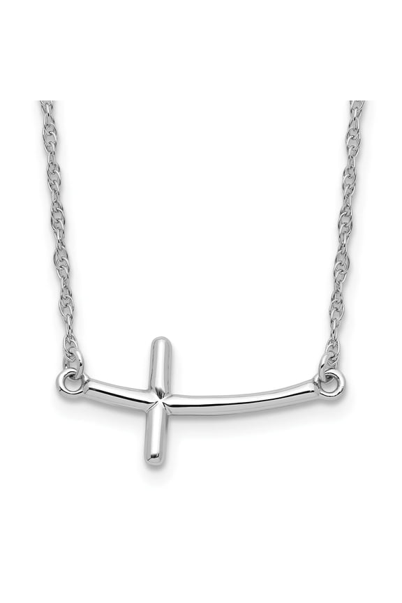 Sterling Silver Rhodium-plated Large Sideways Curved Cross Necklace