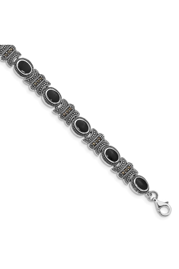 Sterling Silver Rhodium-plated Marcasite and Onyx 7.25 inch Bracelet QH1043