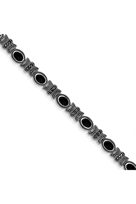 Sterling Silver Rhodium-plated Marcasite and Onyx Bracelet