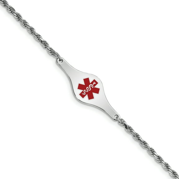 925 Sterling Silver Polished Medical ID Rope Link Bracelet 8 Inch Lobster Claw Identification Bracelet for Women