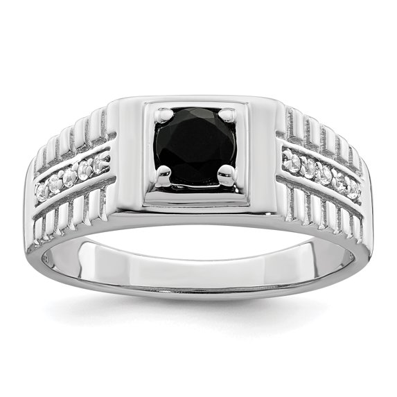 Sterling Silver Rhodium-plated Men's Onyx and White Topaz Ring QR6847