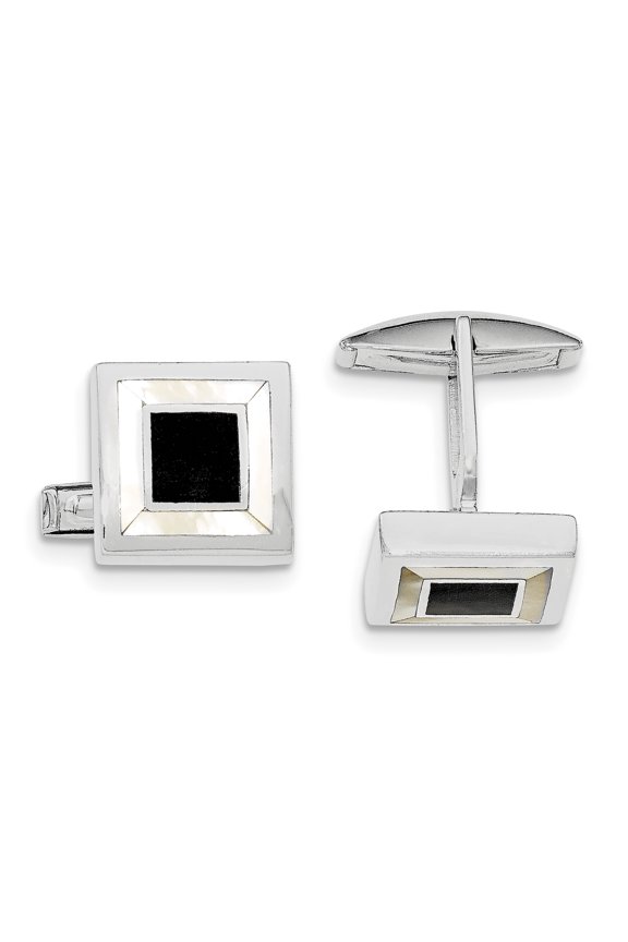 Sterling Silver Rhodium-plated Mother Of Pearl & Enamel Cuff Links