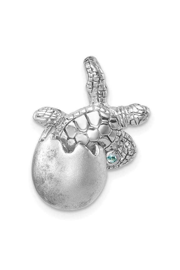 Sterling Silver Rhodium-plated Moveable Crystal Polished Hatching Turtle in Satin Egg Pendant