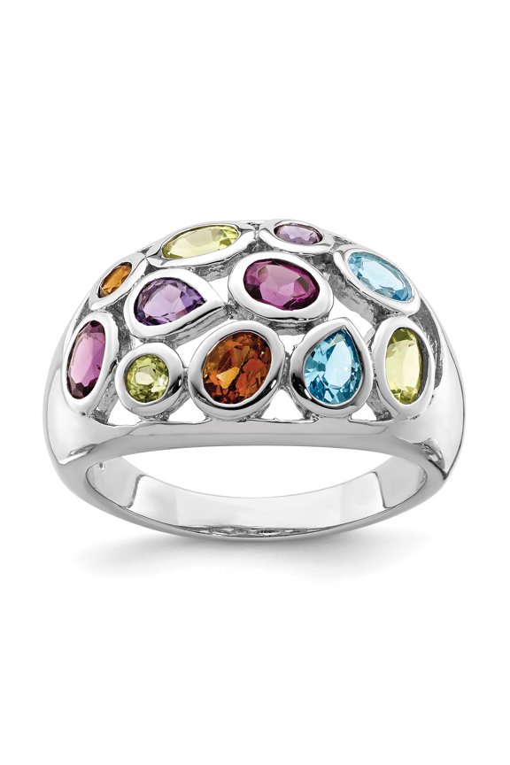 Sterling Silver Rhodium-plated Multi Gemstone Ring