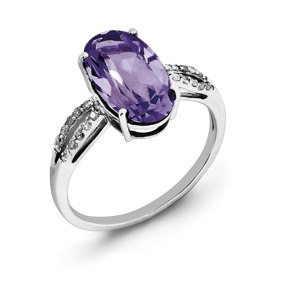 Sterling Silver Rhodium-plated Oval Amethyst & Diamond Ring