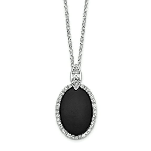 Sterling Silver Rhodium-plated Oval Black Agate & Cubic Zirconia with 1in. Extender Pendant Necklace