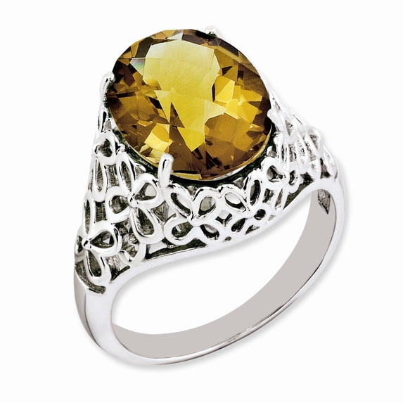 Sterling Silver Rhodium-plated Oval Checker-Cut Whiskey Quartz Ring - Size 7