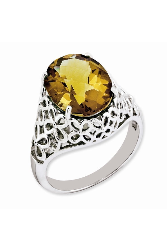 Sterling Silver Rhodium-plated Oval Checker-Cut Whiskey Quartz Ring - Size 7