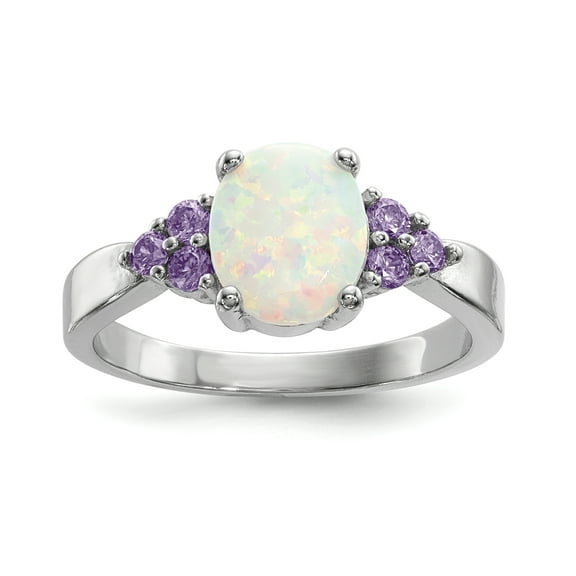 Sterling Silver Rhodium-plated Oval Created Opal w/Purple CZ Ring QR6768