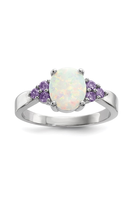 Sterling Silver Rhodium-plated Oval Created Opal w/Purple CZ Ring QR6768
