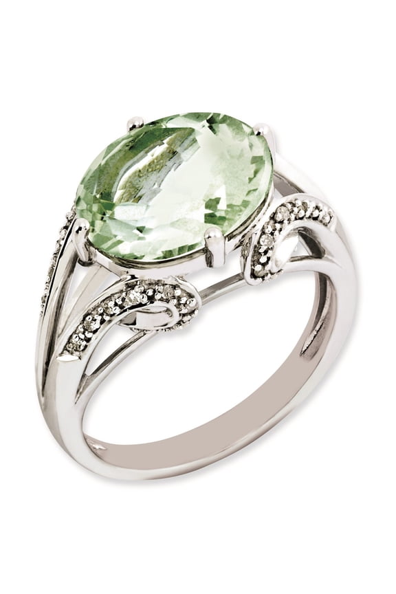 Sterling Silver Rhodium-plated Oval Diamond & Green Quartz Ring