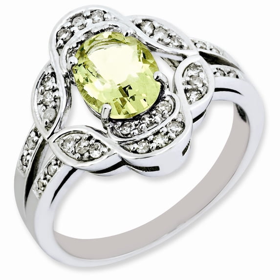 Sterling Silver Rhodium-plated Oval Diamond & Lemon Quartz Ring - Size 7