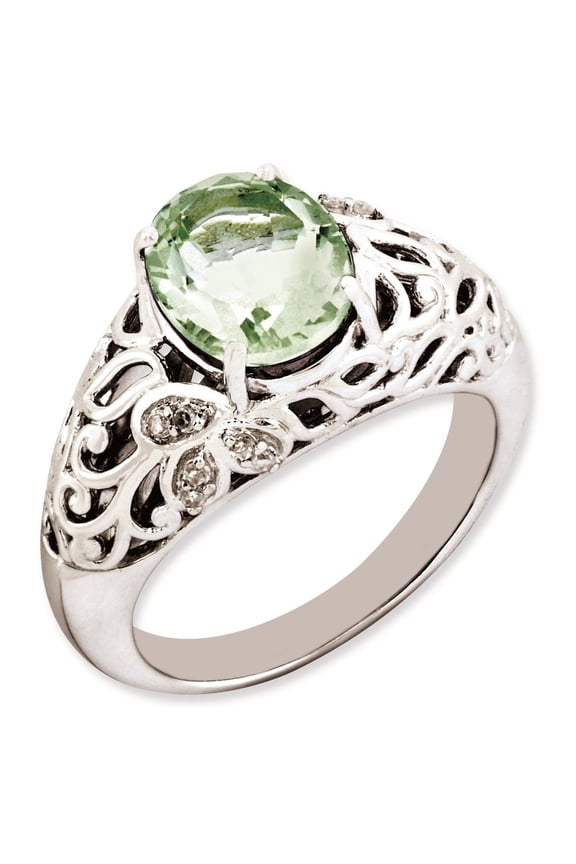 Sterling Silver Rhodium-plated Oval Green Quartz & Diamond Ring