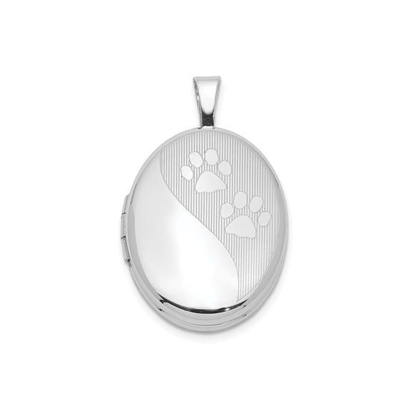 Sterling Silver Rhodium-plated Oval Satin and Polished Paw Prints Locket