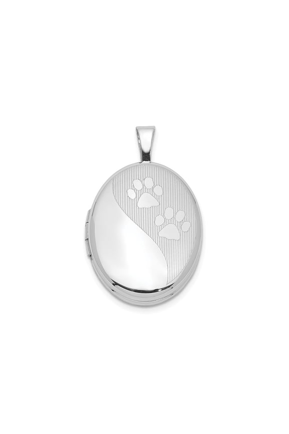 Lockets Sterling Silver Rhodium-plated Satin & Polished Paw Prints 19mm Oval Locket