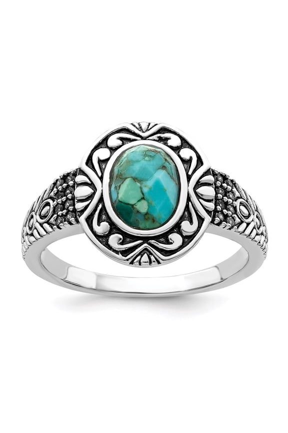 Sterling Silver Rhodium-plated Oxidized Faceted Recon. Turquoise Ring