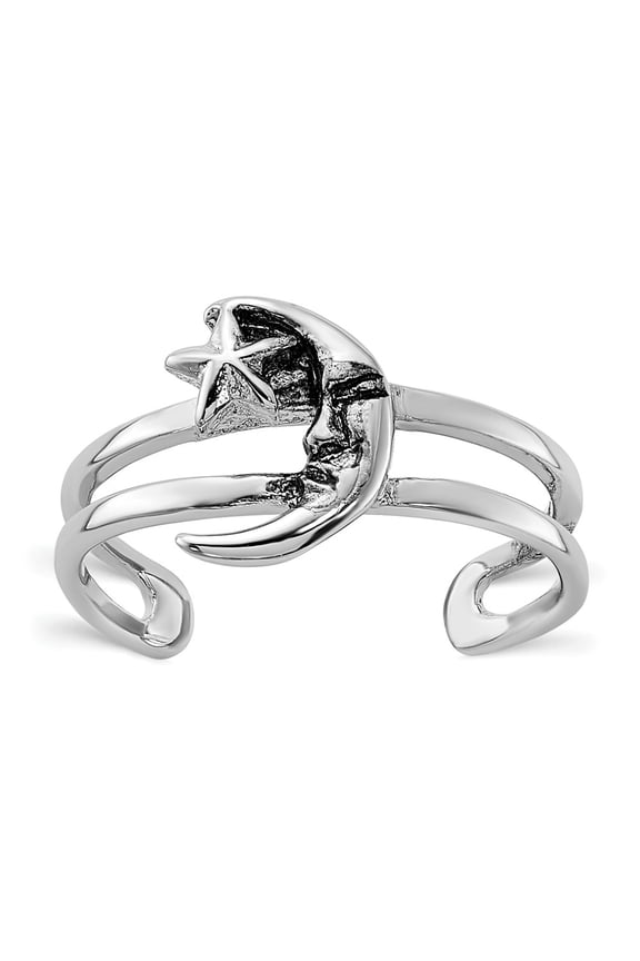 Sterling Silver Rhodium-plated Oxidized Moon and Star Toe Ring