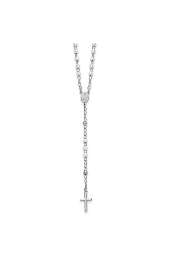 Sterling Silver Rhodium-plated Plastic Imitation Pearl 19.75 inch with 1 inch extender Rosary Necklace