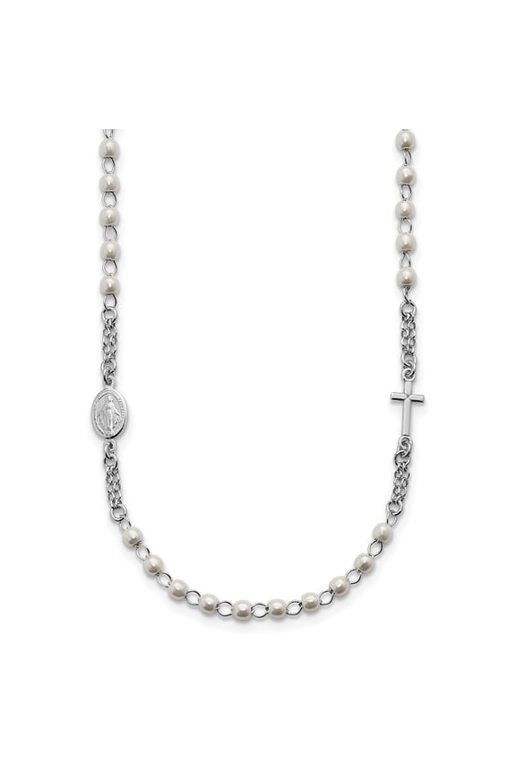 Sterling Silver Rhodium-plated Plastic Imitation Pearl 19.75 inch with 1 inch extender Rosary Themed Necklace
