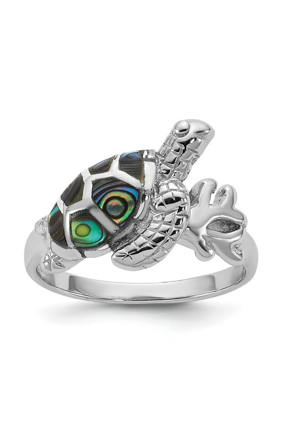 Sterling Silver Rhodium-plated Polished Abalone Sea Turtle Size 7 Ring