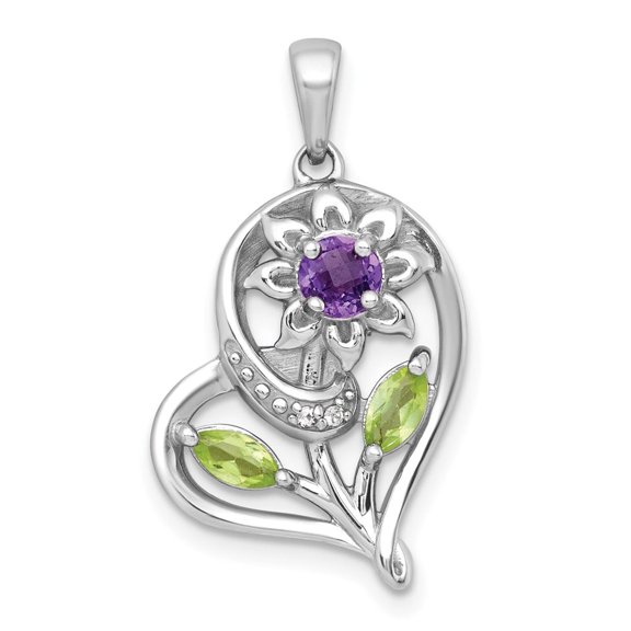 Sterling Silver Rhodium-plated Polished Amethyst, Peridot and White Topaz Flower in Heart Pendant
