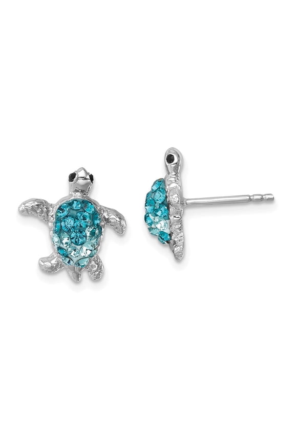 Sterling Silver Rhodium-plated Polished Blue Crystal Turtle Post Earrings