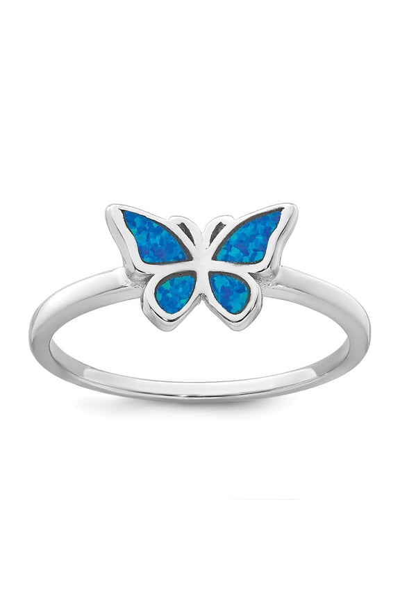 Sterling Silver Rhodium-plated Polished Blue Lab Created Opal Butterfly Size 7 Ring