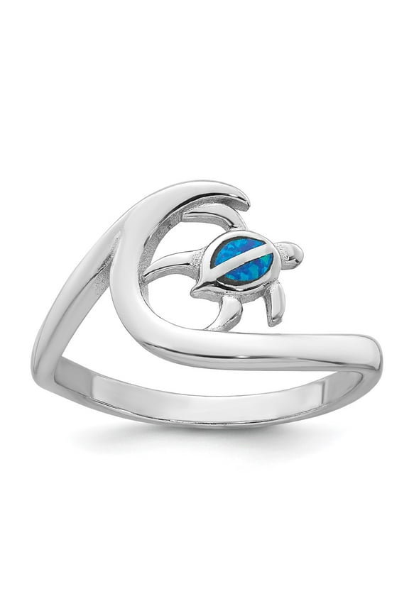 Sterling Silver Rhodium-plated Polished Blue Lab Created Opal Turtle on Wave Size 7 Ring