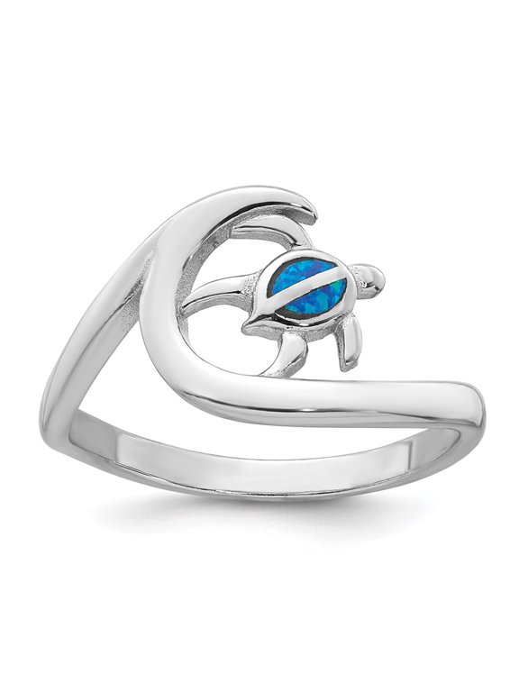 Sterling Silver Rhodium-plated Polished Blue Lab Created Opal Turtle on Wave Size 7 Ring