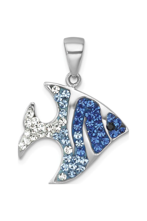 Sterling Silver Rhodium-plated Polished Blue and White Crystal Angel Fish Pendant