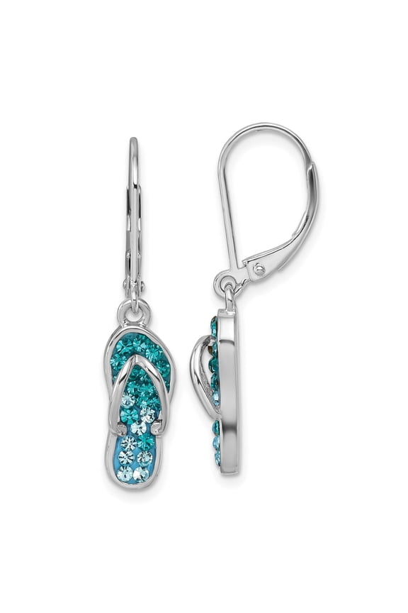 Sterling Silver Rhodium-plated Polished Blue and White Crystal Flip Flop Dangle Leverback Earrings
