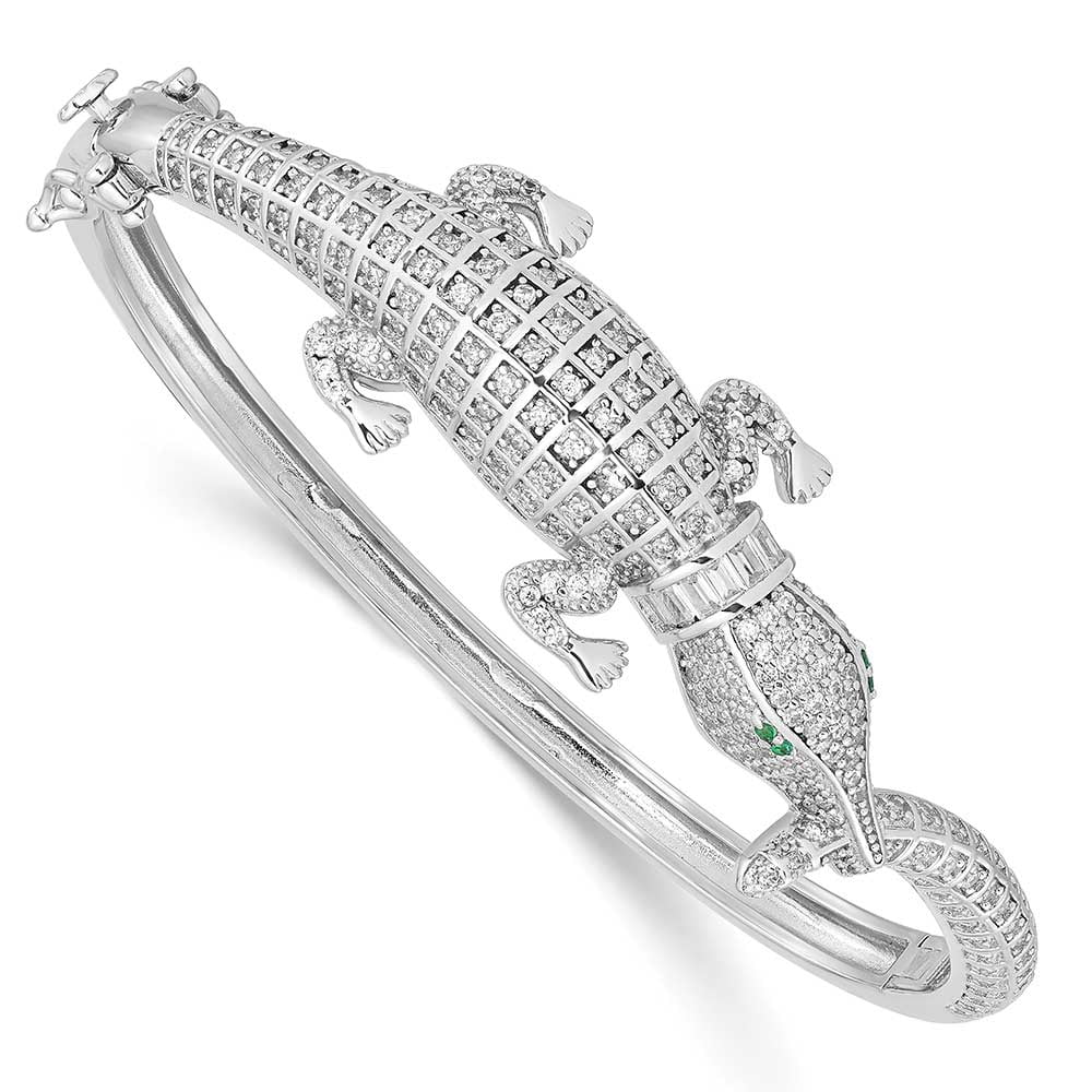 PRECIOUS ACCENTS Finest Gold Sterling Silver Rhodium-Plated Polished CZ Alligator Hinged Bangle