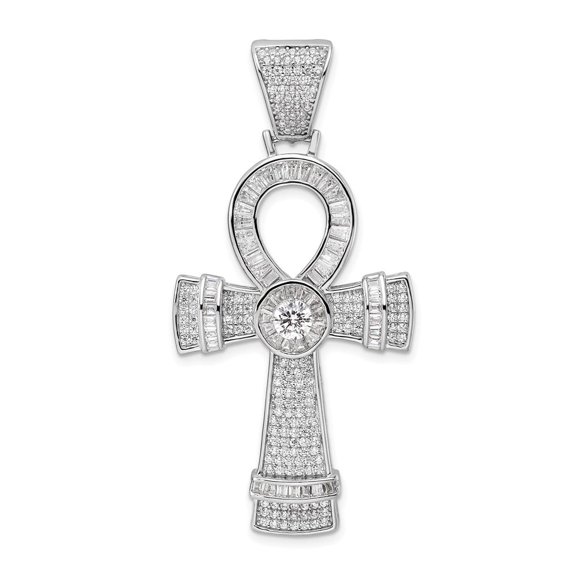 Finest Gold Sterling Silver Rhodium-Plated Polished CZ Ankh Cross Pendant