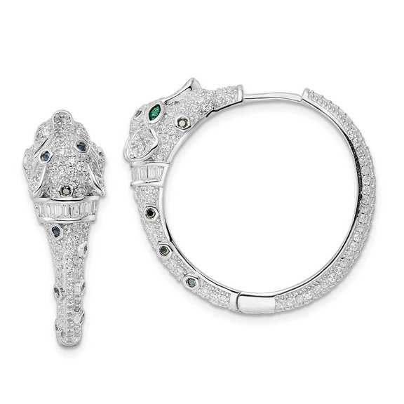 Finest Gold Sterling Silver Rhodium-Plated Polished CZ Cheetah Hinged Hoop Earrings
